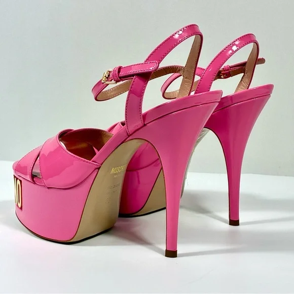 Moschino Logo Leather Platform Stiletto Sandals Heels Pink Gold NEW
